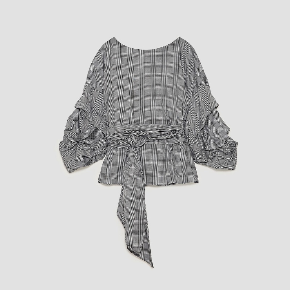 NWT Zara Size S Plaid Ruched Wrap Blouse - Picture 7 of 7